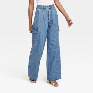 Universal Thread Jeans 16 Pleated Wide Leg Cargo Pocket Blue